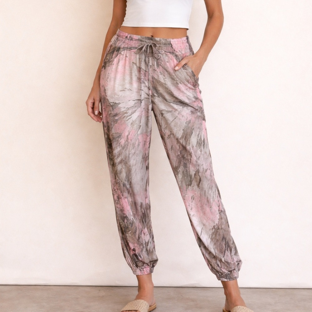 Hard Tail Satin Joggers XS Pink Brown Abstract Tie Dye